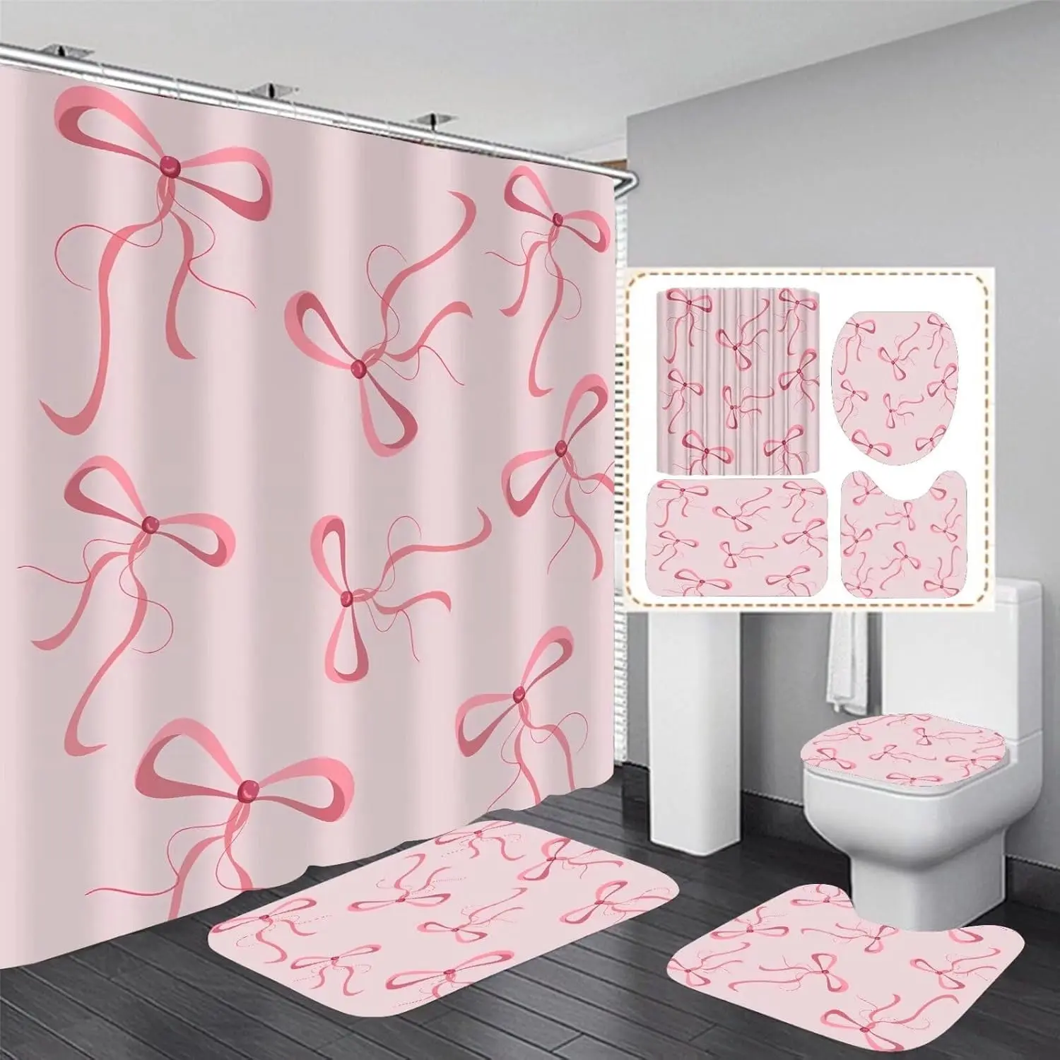 4Pcs Pink Bow Shower Curtain Set Cute Bow Tie Bathroom Shower Curtains with 12 Hooks Bow Knot Aesthetic Bathroom Sets with Shower Curtain and Accessories