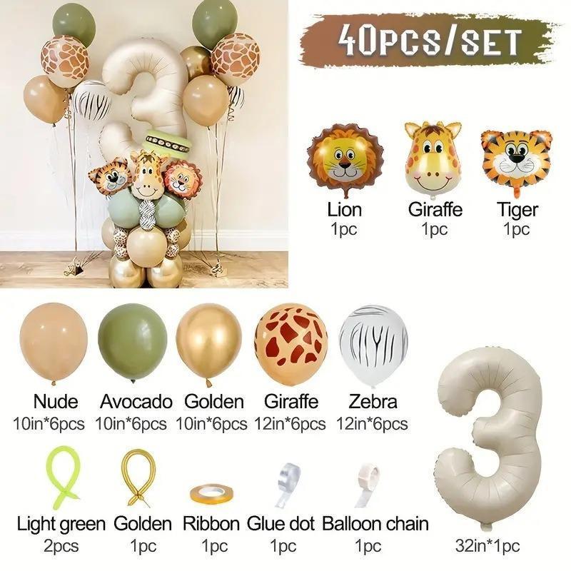 40 pieces new jungle retro animal balloons for kids birthday number 12345  party decoration set with digital columns Tiger Lion
