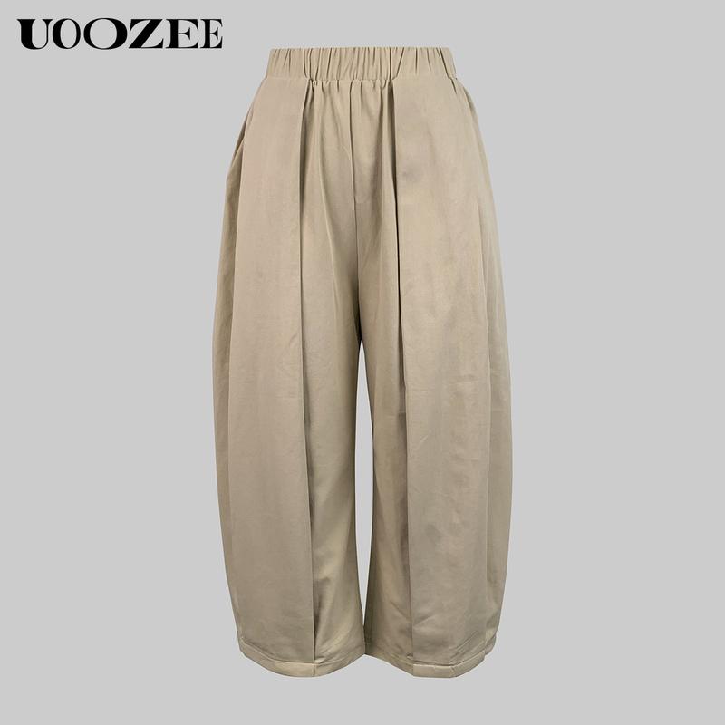 UOOZEE Women's Khaki Loose Multicolor Cropped&Long Trousers 100% Cotton Soft Summer&Autumn/Winter Comfortable Breathable Fabric Elastic Waistband Lantern Pants with Pockets Casual Style Bottoms Outfit Minimalist Spring Basic teacher outfits