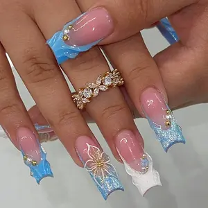24pcs Ice Blue Wrinkle 3D Flower Nail Tips, Clear Ethereal Island Style, Nude Gradient, Gold Line Embellished Long Almond Nails