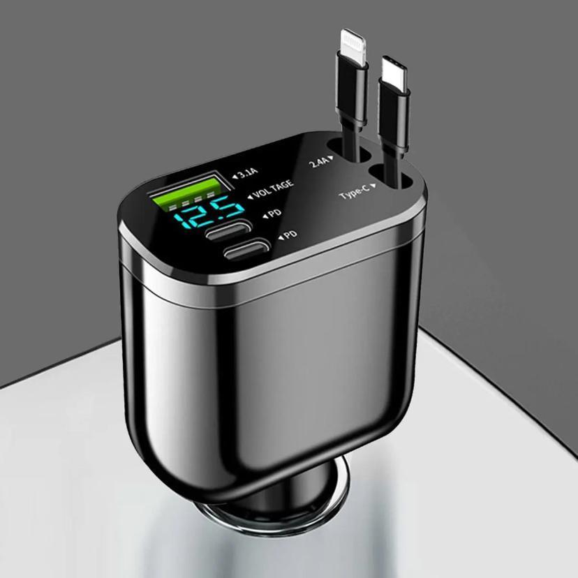 Compact Car Charger with Two Extendable Cables, Easy-to-Use Design for Apple and Android Phones, Multifunctional Portable Charging Solution