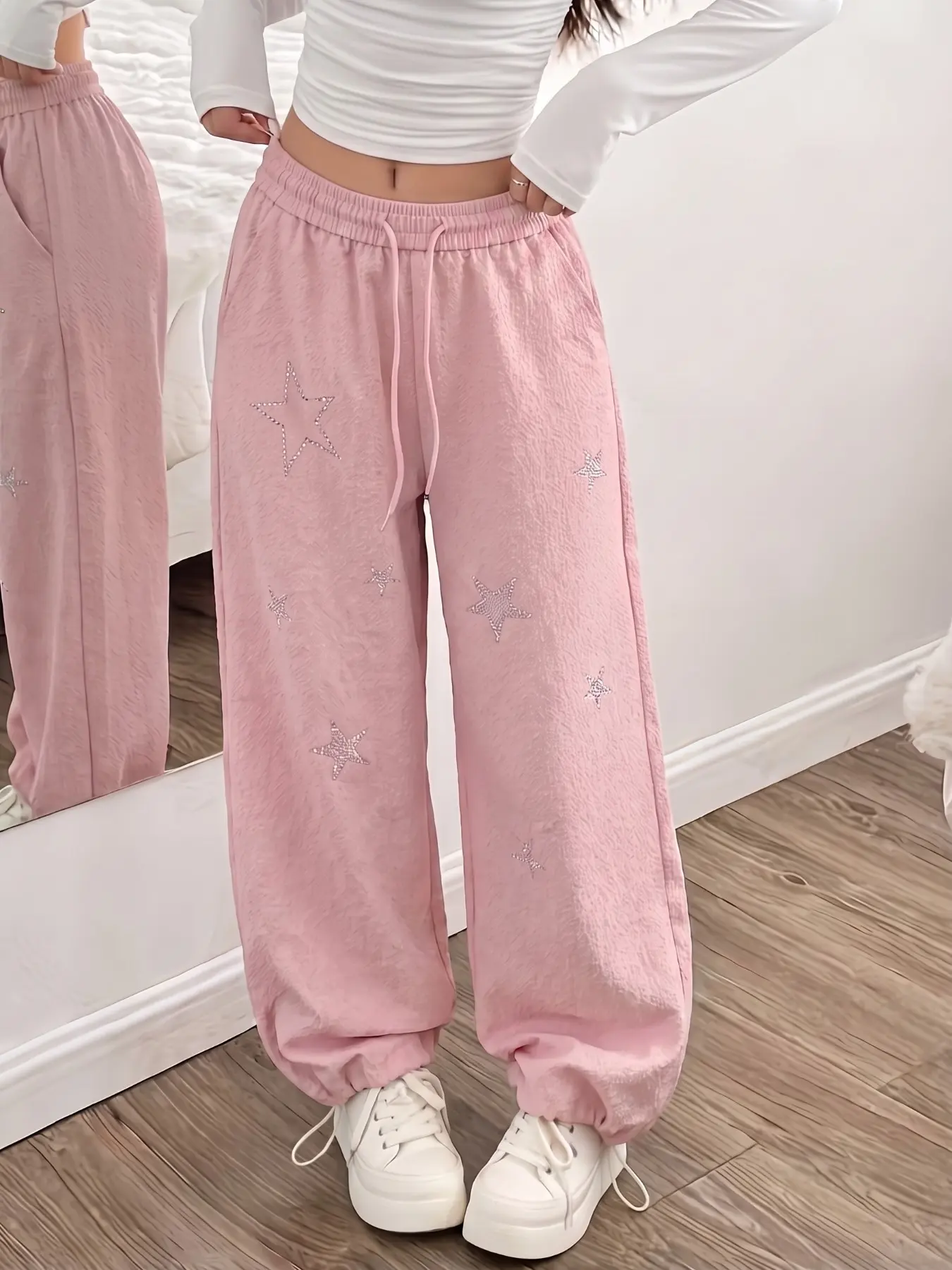 Textured Rhinestone Star Wide Leg Pants, Elastic Drawstring High Waist Casual Two-Wear Teenage Floor-Length Trousers