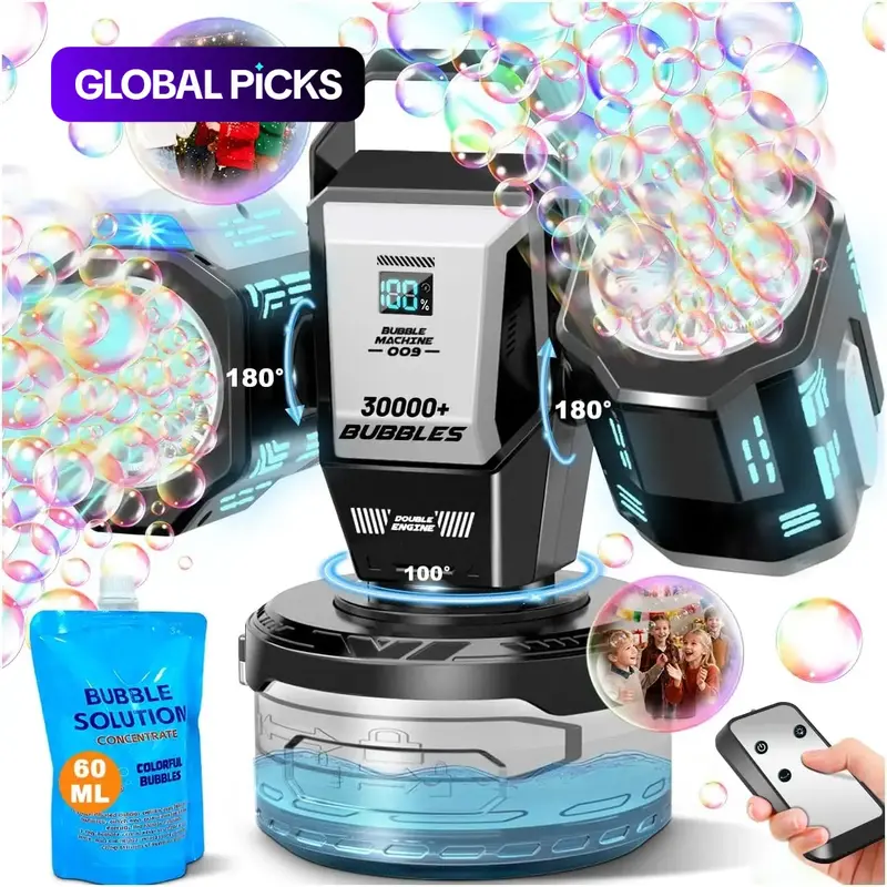 Dual-Head Rechargeable Bubble Machine with RGB Light and Remote Control, 360° Rotating High Multi-Bubble Output, 30,000 Bubbles/Minute, Multifunction Bubble Maker and Blower for Weddings, Parties and Outdoor Activities, Party Bubble Machine