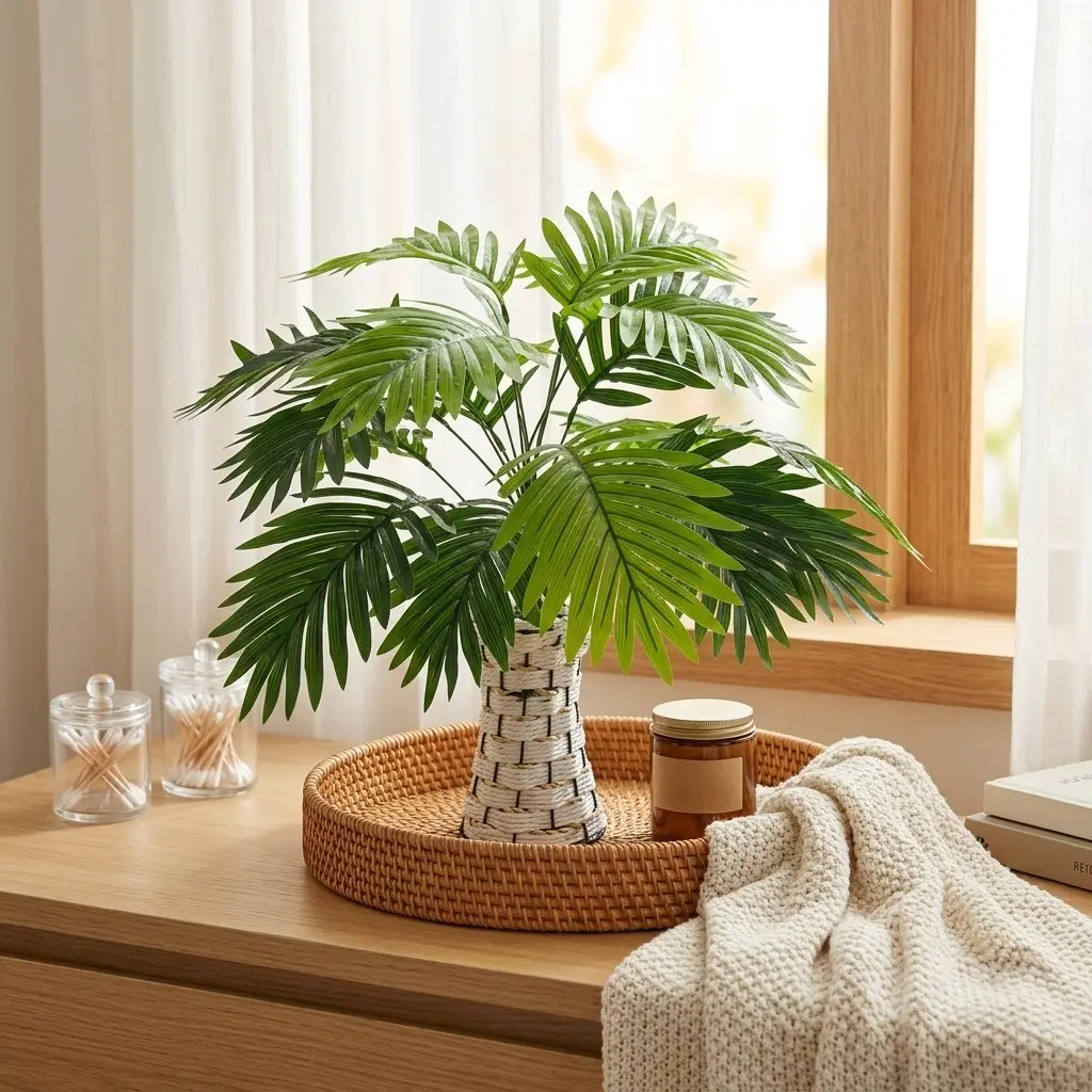 Artificial Palm Areca Plant with Woven Vase, 60x50cm Tropical Fake Palm Fronds, UV Resistant, Zero Maintenance, Tabletop Decor for Home & Office