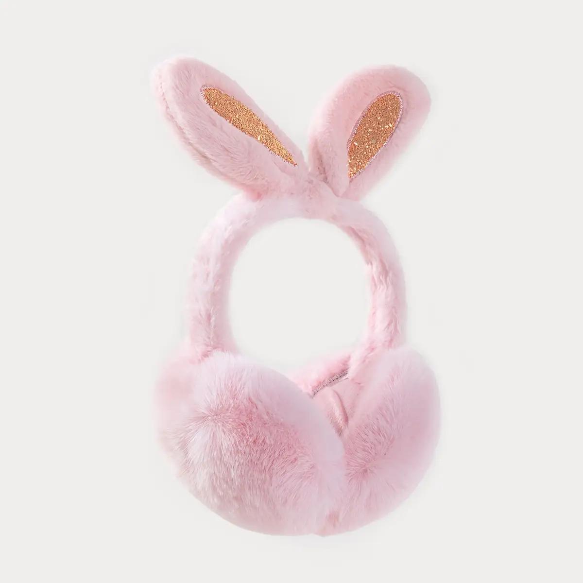 1pc Cute Pink Rabbit Ears Plush Ear Muffs for - Soft Warm Foldable Winter Accessories with Sparkling Embellishments, Adorable Animal Design for Cold Weather Comfort, Cozy Clothing Accessory, Playful Design, Durable Construction, Fashion Lovers