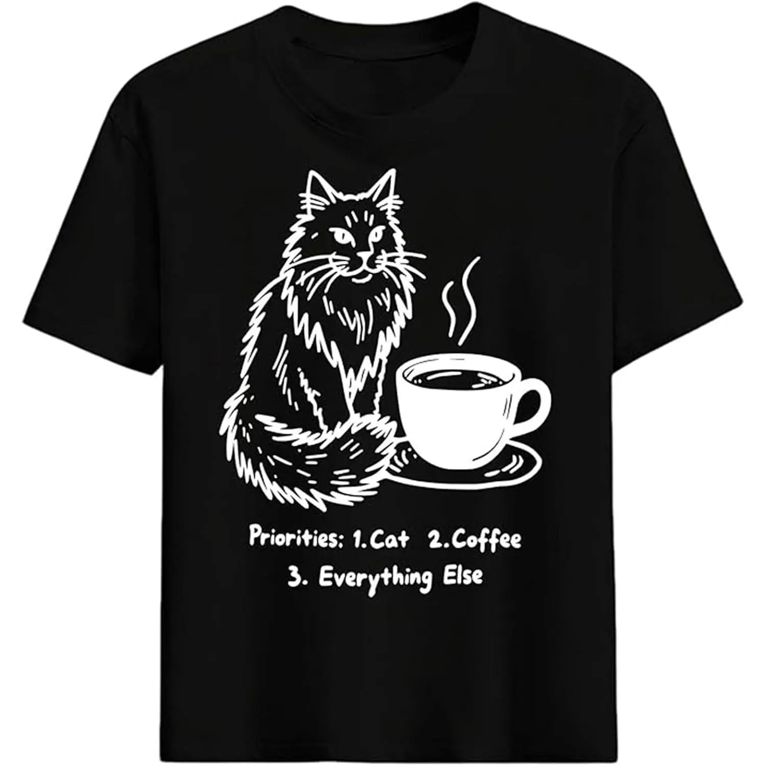 Women's Cat First Coffee Second Graphic T-Shirt - Pure Cotton, Comfortable, Classic Fit, Round Neck, Short Sleeve, Funny Pet Lover Casual Stylish Top, Matching