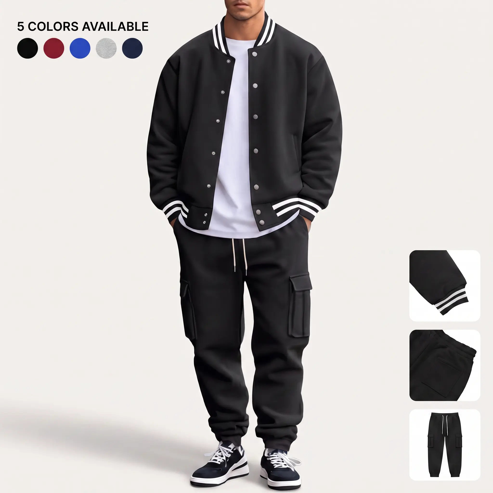 Men's Varsity Sweatsuit 2 Piece Loose Fit Snap Button Jacket and Drawstring Cargo Sweatpants with Striped Ribbed Trim for Casual Travel and Streetwear Available in 5 Colors