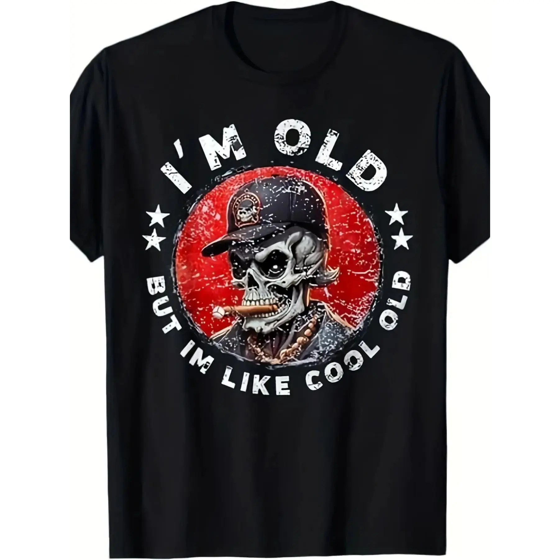 Men'S Black T-Shirt, Featuring a Bold Graphic Design with a Red Circular Background, Edgy Stylized Skull Wearing a Dark Cap And Golden Chain, Humorous Text 'I'M OLD BUT I'M LIKE COOL OLD' in White, Adorned with Small Star Symbols,,streetwear,chr,Sa,a,lite