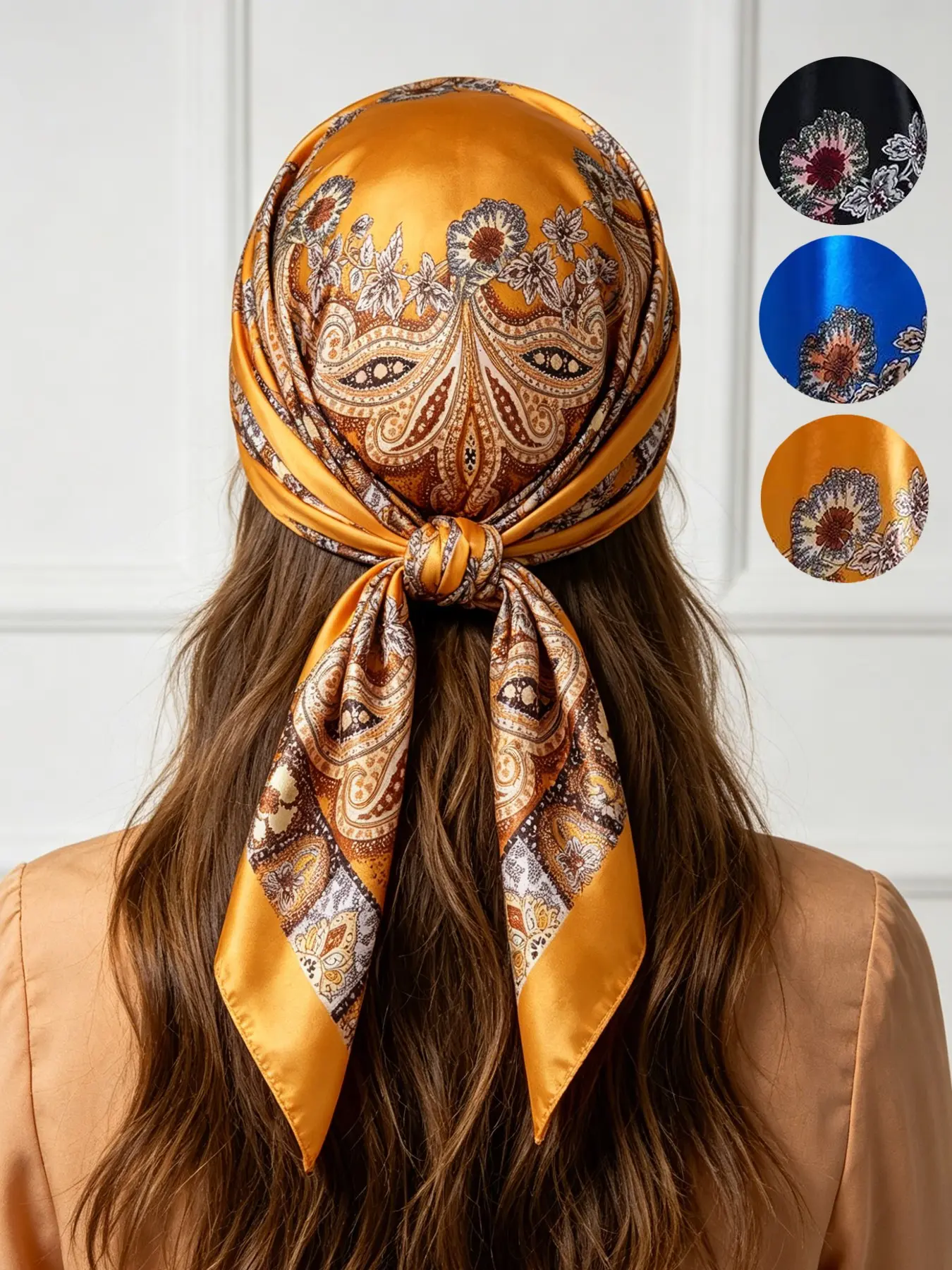 90cm Satin Square Scarf, 3 Colors Paisley Floral Print, Luxury Fashion Headscarf Bandana, Boho Style, Boho Floral Scarves, All Seasons, Fitted Silk Scarf