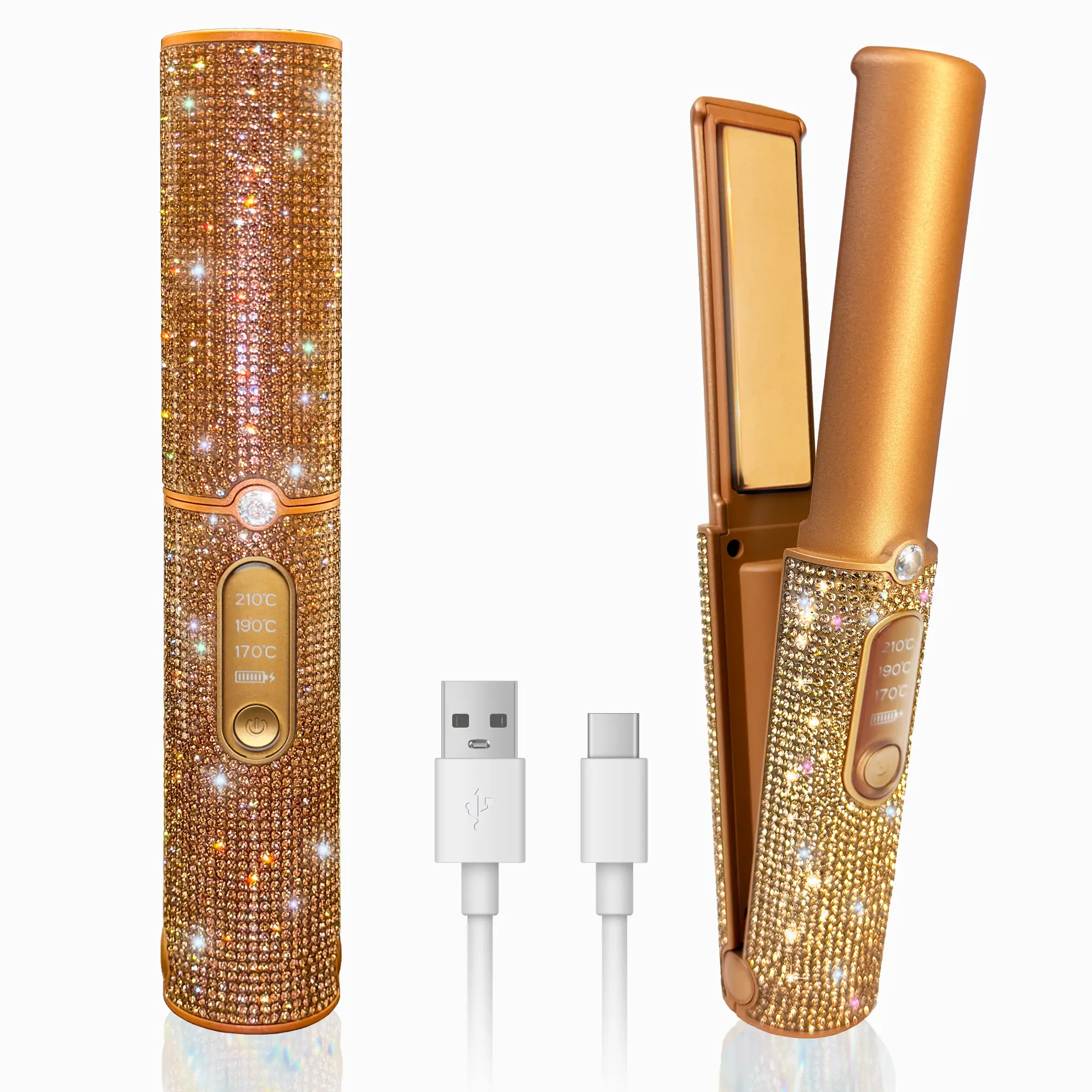 Rechargeable Cordless Hair Straightener Flat Iron - PU Leather Mini, Gold Rhinestone Design, Fast Heating, Adjustable Temperature Hair Styler for Travel, Daily Use (Luggage & Bag Charm Accessory)