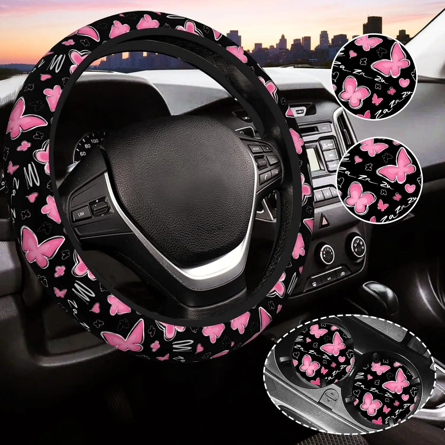 Women's Cute Anti-Skid Rubber Butterfly Steering Wheel Cover Set, Includes 2 Coasters, One Size Fit for 14-15 in Car Interior Accessory