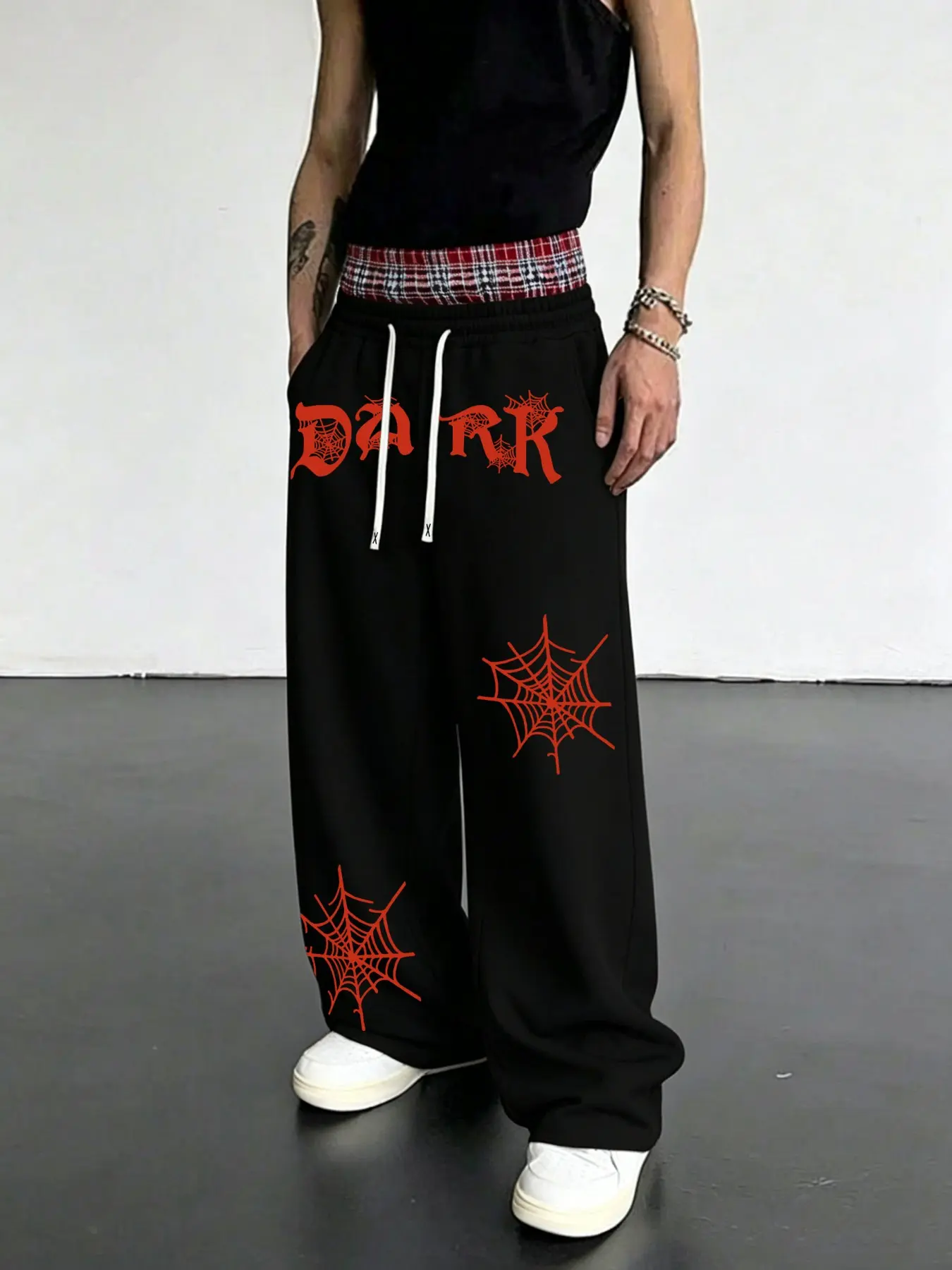 Men's Layered Waistband Fake Two-Piece Sweatpants, Spider Web Print Wide Leg Straight Pants, Casual Loose-Fit Long Pants for All Seasons