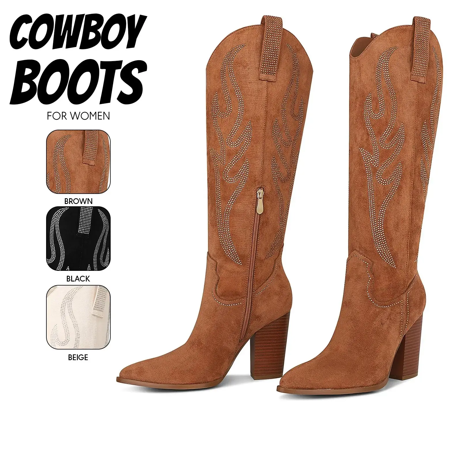 Cowboy Boots For Women Suede Pointed Toe Rhinestones Embroidered Chunky Block High Heel Gifts Country Knee High Boots for Wedding Party Festival Dress Shoes Winter Cowgirl Boot