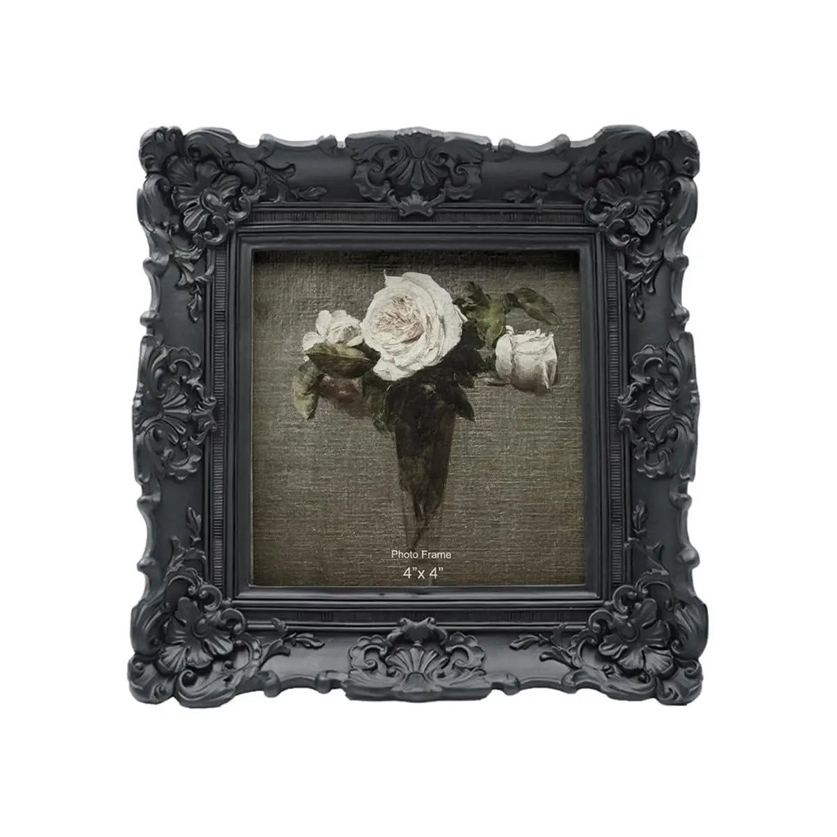 CISOO 4x4 Ornate Vintage Picture Frame - Black Baroque Square Photo Frame with Real Glass, Pre-Installed Wall Hook (Vertical) & Tabletop Easel, Antique Floral Design for Retro Home Decor