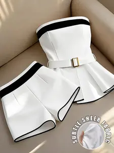Women's Elegant Minimalist Black and White Colorblock Top & Crop Shorts Set for Office & Daily Wear, Casual Summer Co-Ord Set