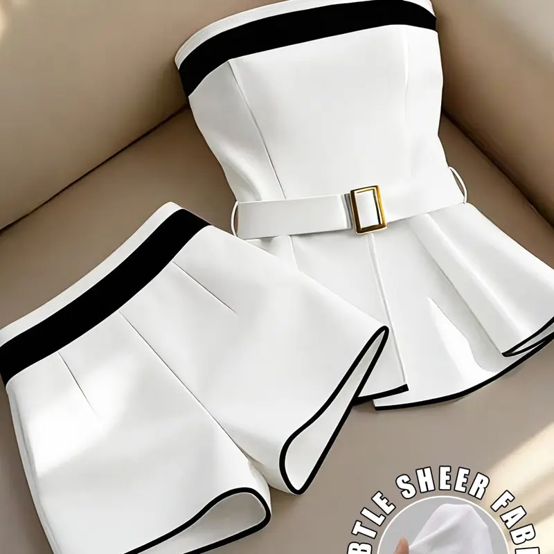 Colorblock Binding Waist Crop Top and Shorts Set Fashionable-Fit for All Seasons, Perfect for Office, Dates, Parties, Travel Sheer