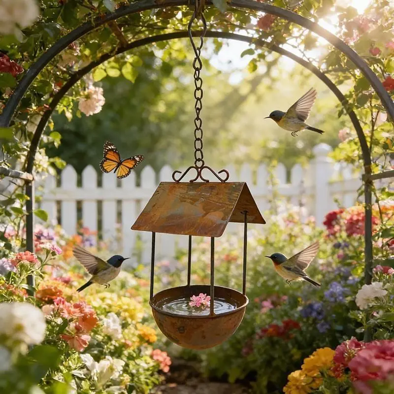 vintage rusted metal suspended bird pond with canopy for outdoor garden terrace, Hanging wild bird drinking and feeding basin for courtyard trees, Bird feeders for outdoors hanging, Decorative piece for outdoor garden with landscaping features