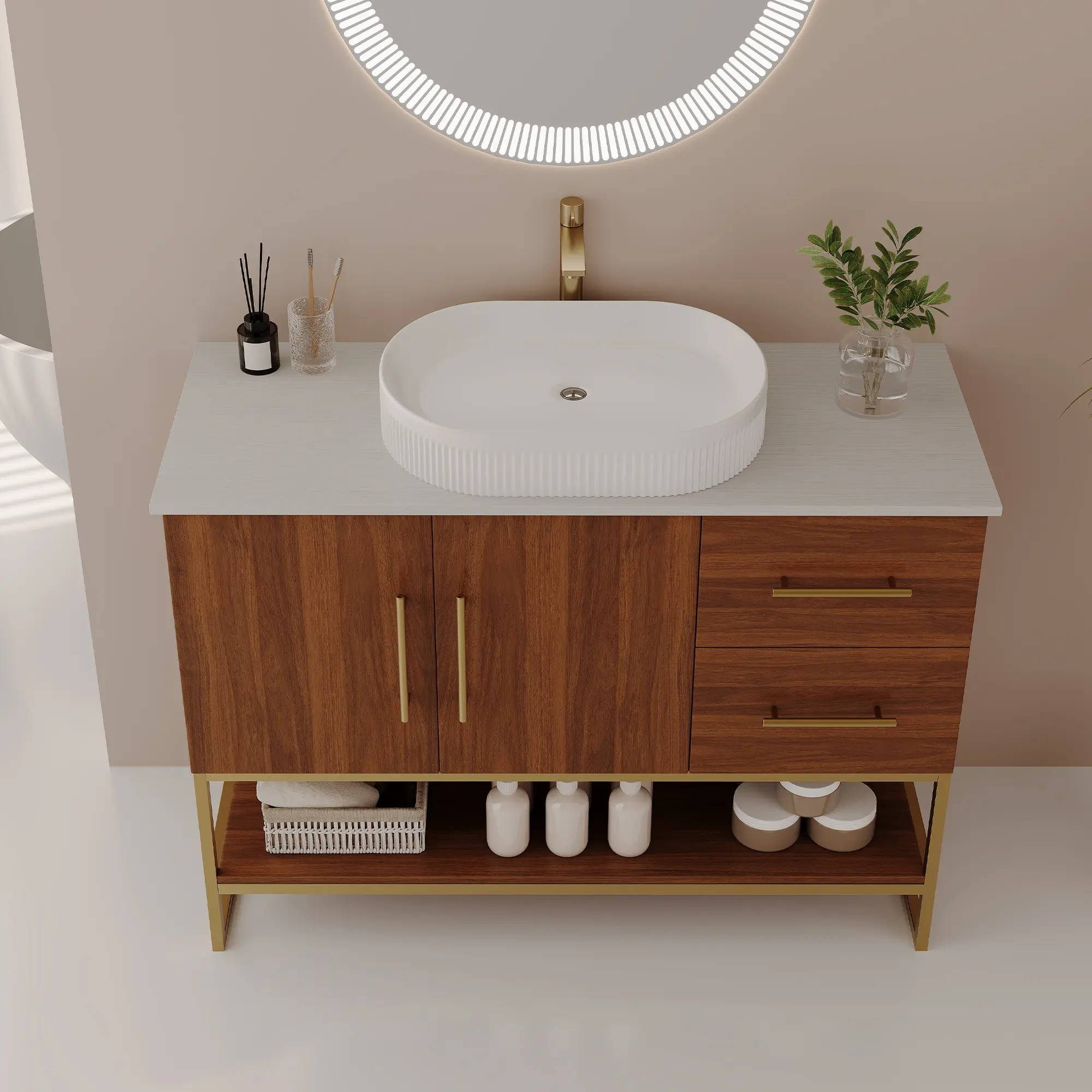 36-Inch Modern Freestanding Bathroom Vanity Floor Cabinet - White Oak & Gold Finish, Solid Wood Construction, Water-Resistant, Gold Stainless Steel Frame, Ceramic Vessel Sink, Drawers & Shelf Storage Organizer