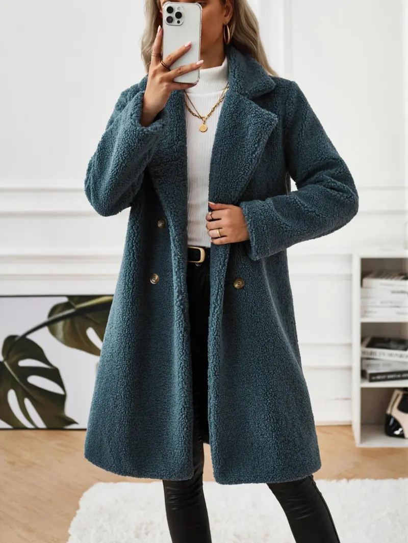 Product Introduction of Women's Solid Button Front Lapel Neck Fuzzy Coat, Casual Warm Long Sleeve Coat for Fall & Winter, Women's Clothing for Daily Wear 1