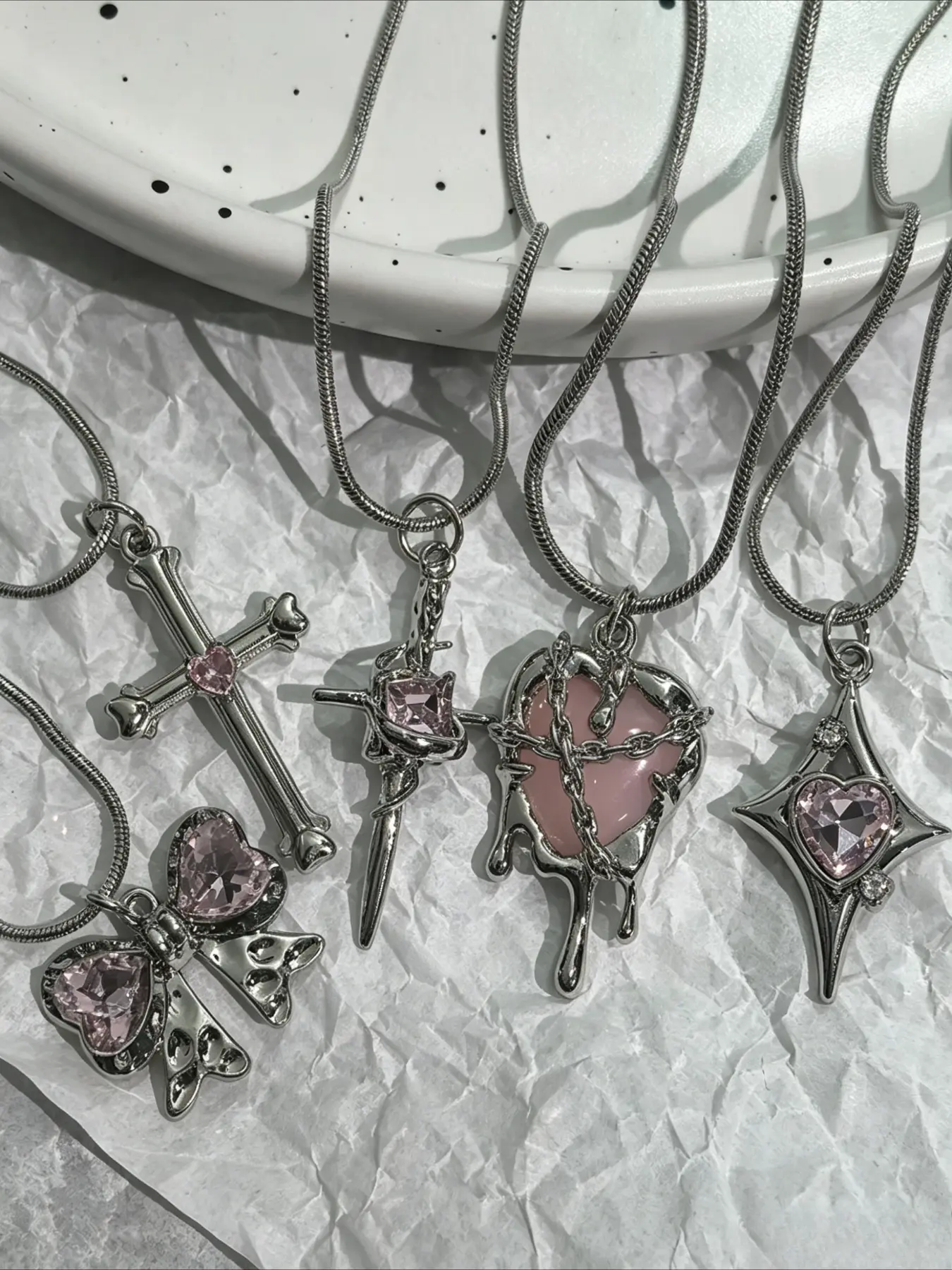 5-piece Millennial Pink Crystal Cross Heart Pendant Love Necklace Set with Silver Bow, Snake Chain, Women's Street Style Trendy Charms Necklace