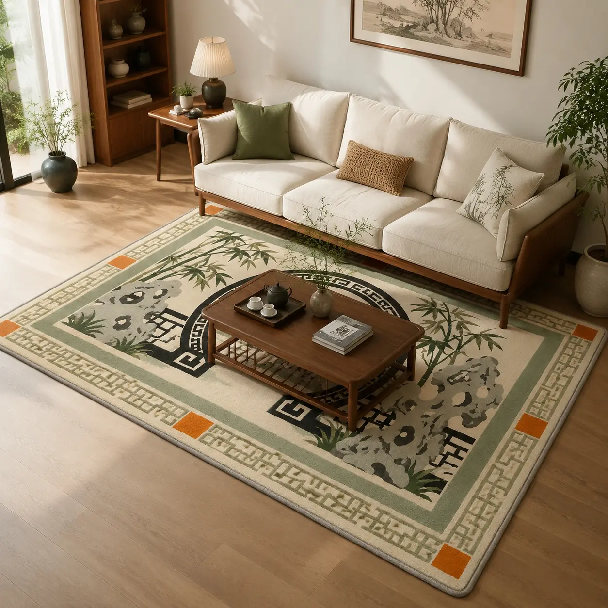 Chinese Garden Moon Gate Bamboo and Rock Pattern Rug, Long Pile Faux Cashmere High-Definition Print, Double Locked Edge, Non-Slip, Machine Washable, Living Room Bedroom Floor Mat