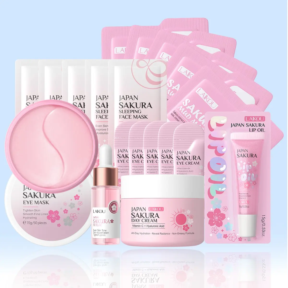 LAIKOU Skin Care Set Moisturizing Care Set JAPAN SAKURA Beauty Gift Sets Skin Care Kit with Serum, Eye Cream, Face Cream, Lip Oil, Eye Mask, Mud Mask, Sleeping Mask Travel Kit for Women Wife Mom Teen Girls TSA-friendly Sizes Christmas Gift 19pcs