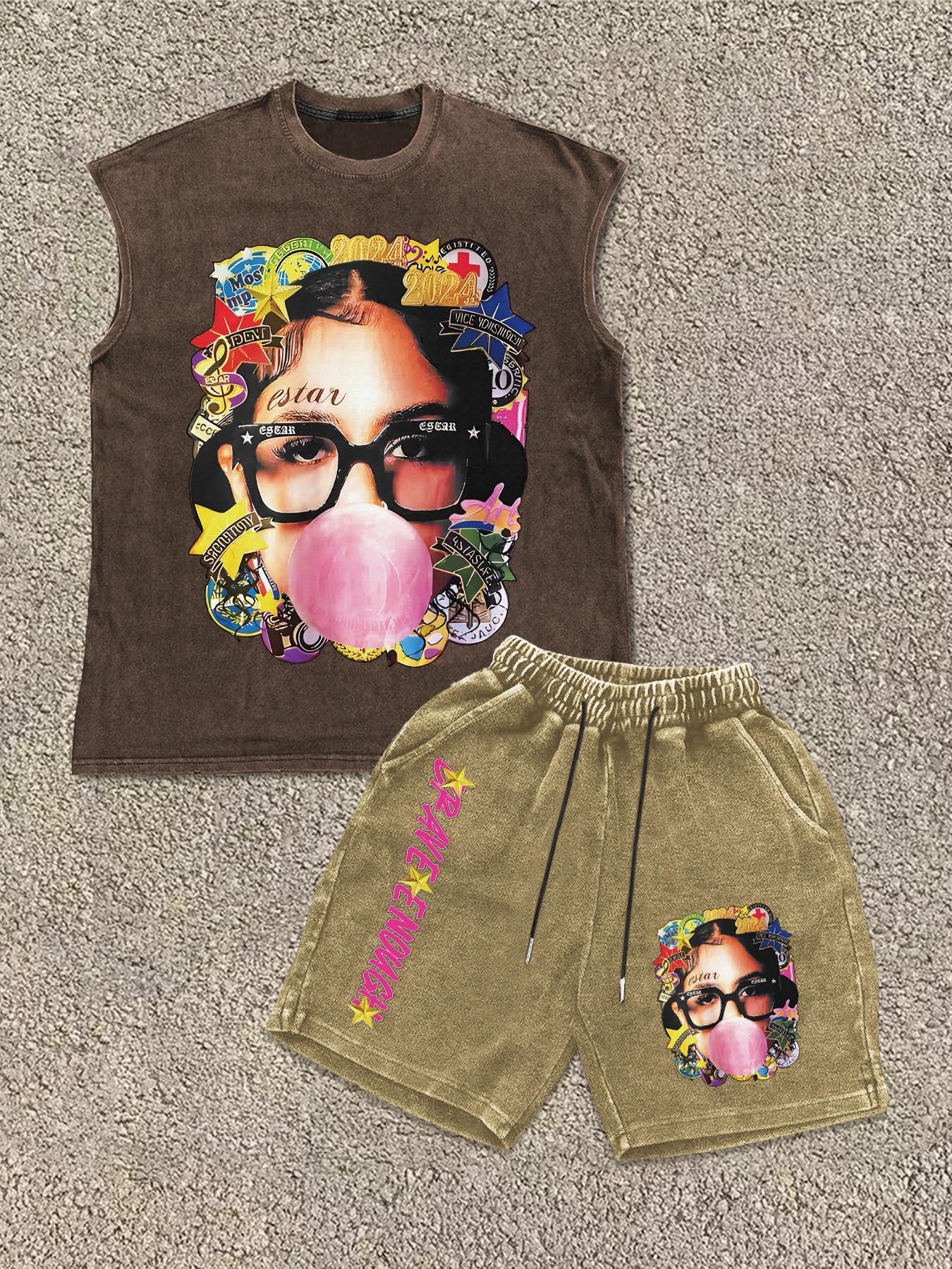 Men's Star & Letter Print Tank Top & Shorts Two-Piece Set, Regular Fit Casual Street Sleeveless Top & Shorts for Daily Wear, Men's Clothing for All Seasons, Cotton