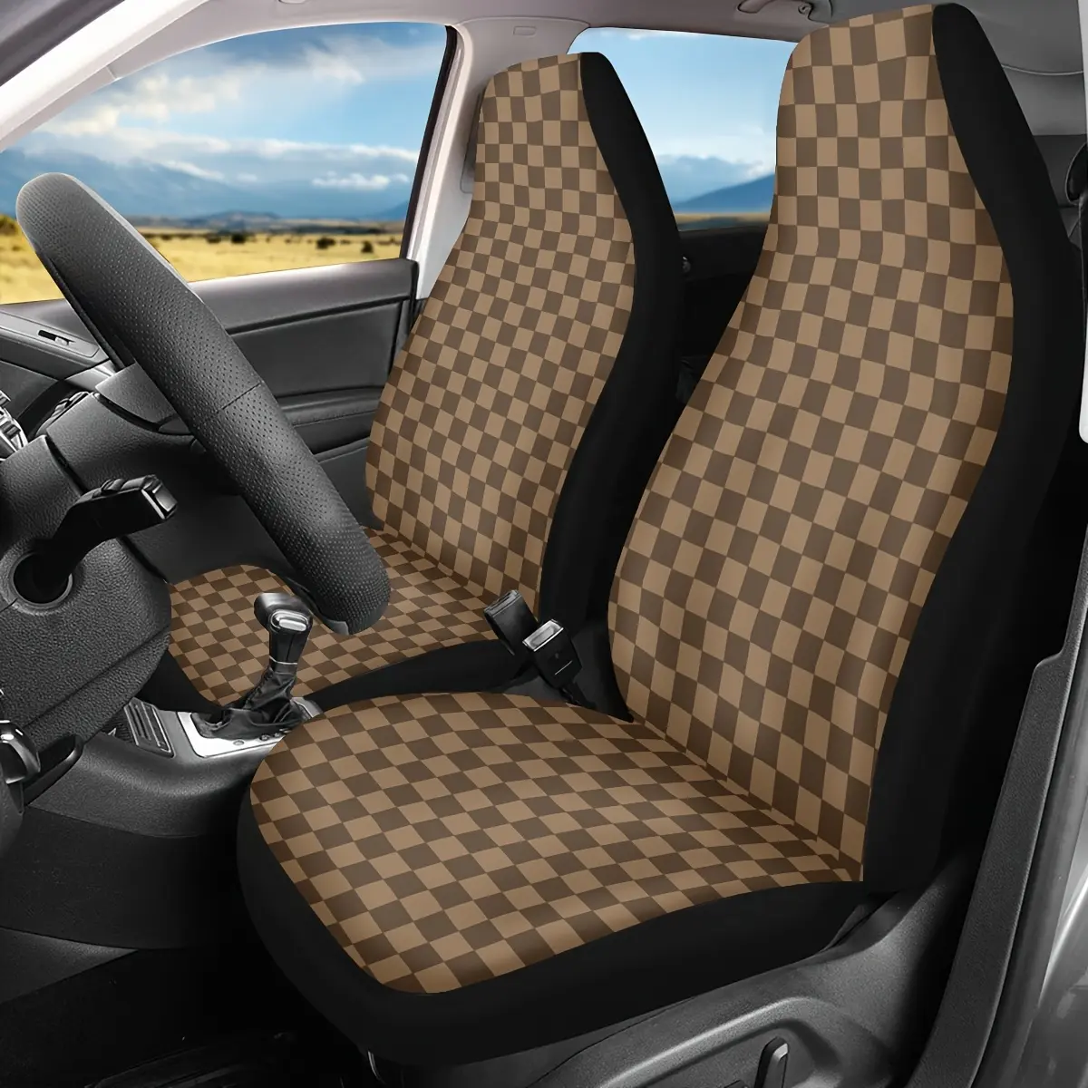 2pcs Brown Plaid Seat Covers,  Covers for Cars, Sedans, SUVs and Trucks, Washable and Easy to Install| Fashionable Front Seat Covers for Men and Women