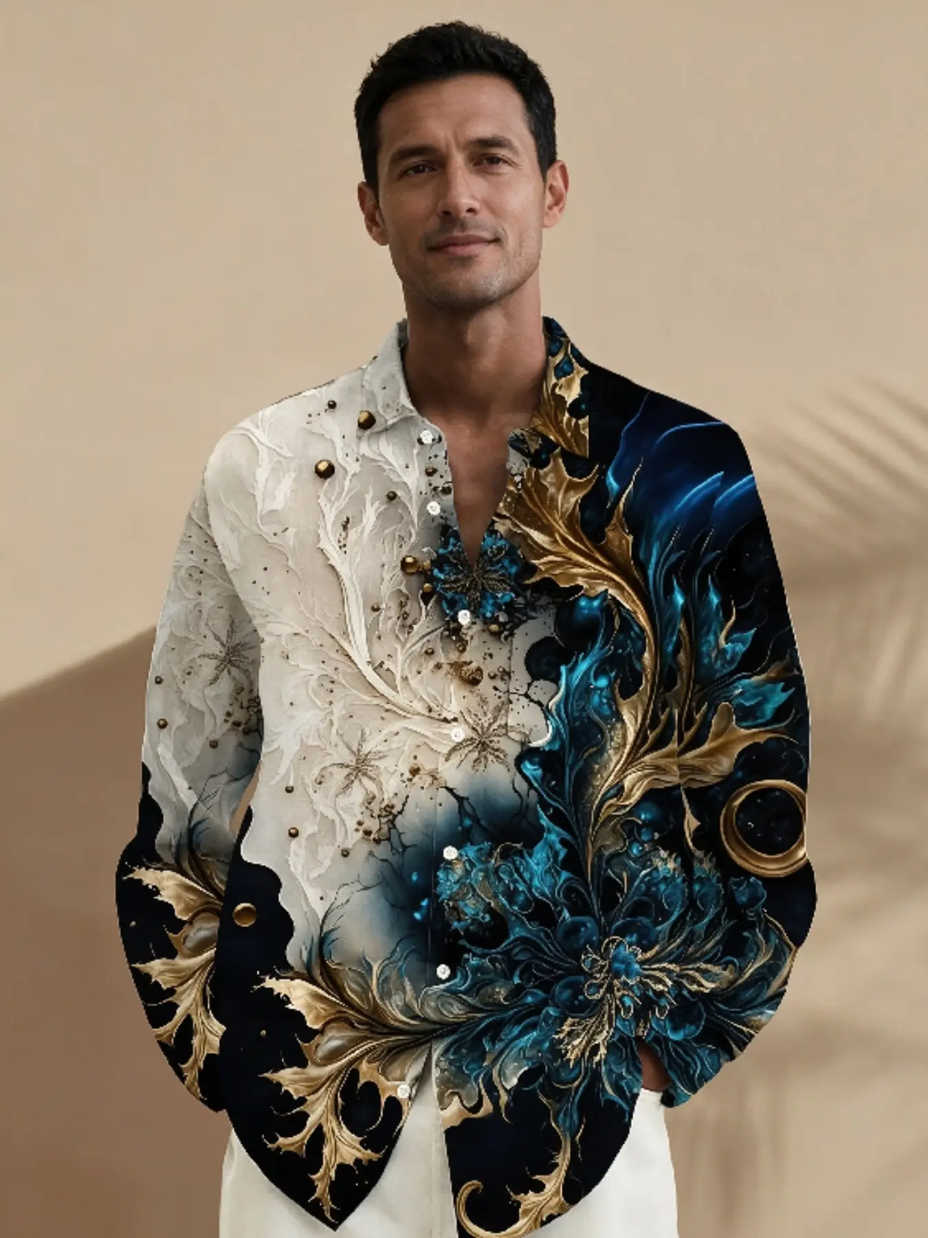Men Fluid Gold Foil Art Floral Full Print Long Sleeve Button Down Shirt Sublimation Fabric Regular Fit Turn Down Collar Soft Breathable Luxury Cocktail Party Daily Street Vacation Dress Shirt For Adult Males