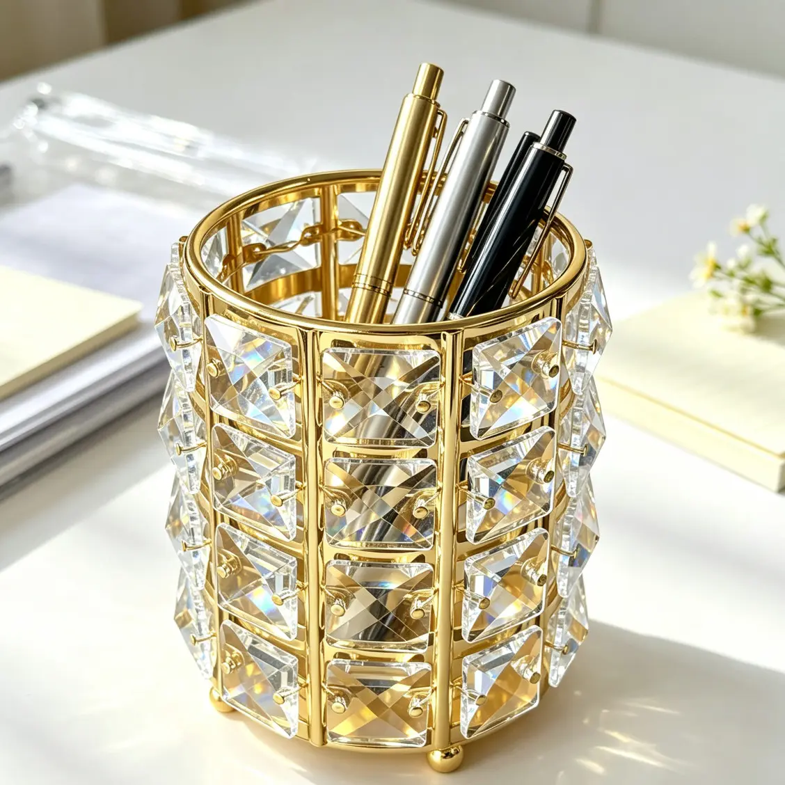 Luxury Shimmering Pen Holder, Metal Frame with Crystal Rhinestones, Non-Slip Ball Base, Office Desk Organizer, Home Decor