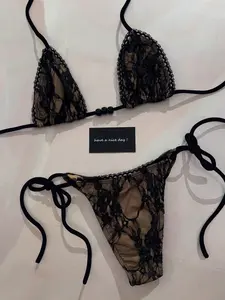 Lace Triangle Bikini Set, Sexy Tie-Band Swimsuit, European Style Split Swimwear, Essential for Vacation, Trendy Beach, Summer Beach Bikini, Bikini Beachwear