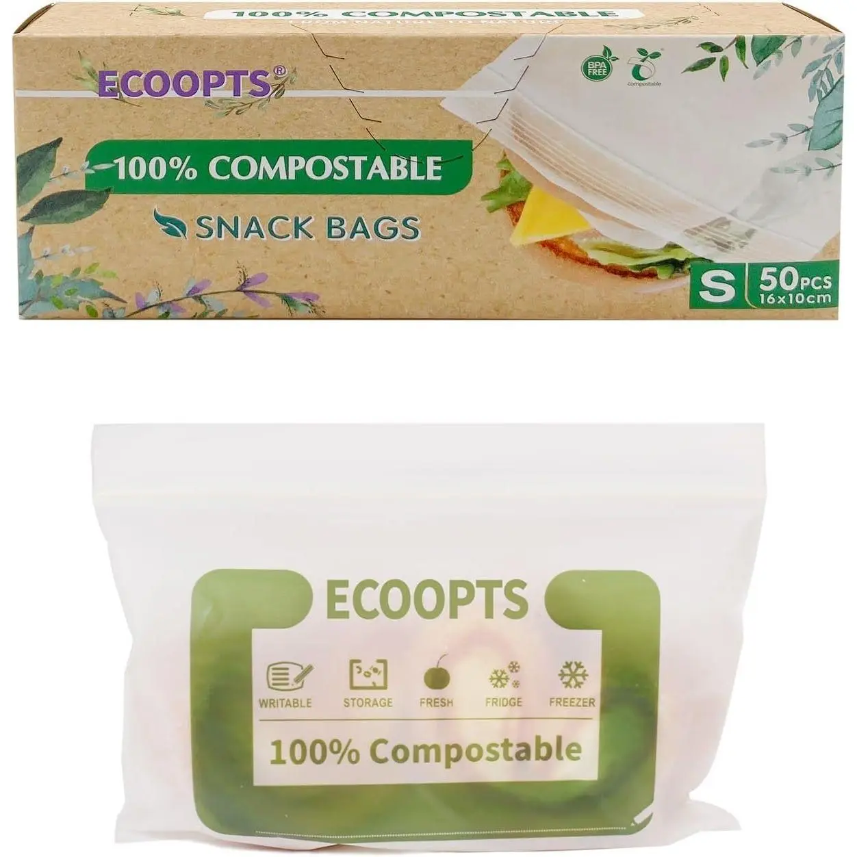 Compostable Snack Zip Bag |  Small Storage Bags | Freezer Bag | -Based  | Seal well for Cookie, Chips and Snack (1, Small)