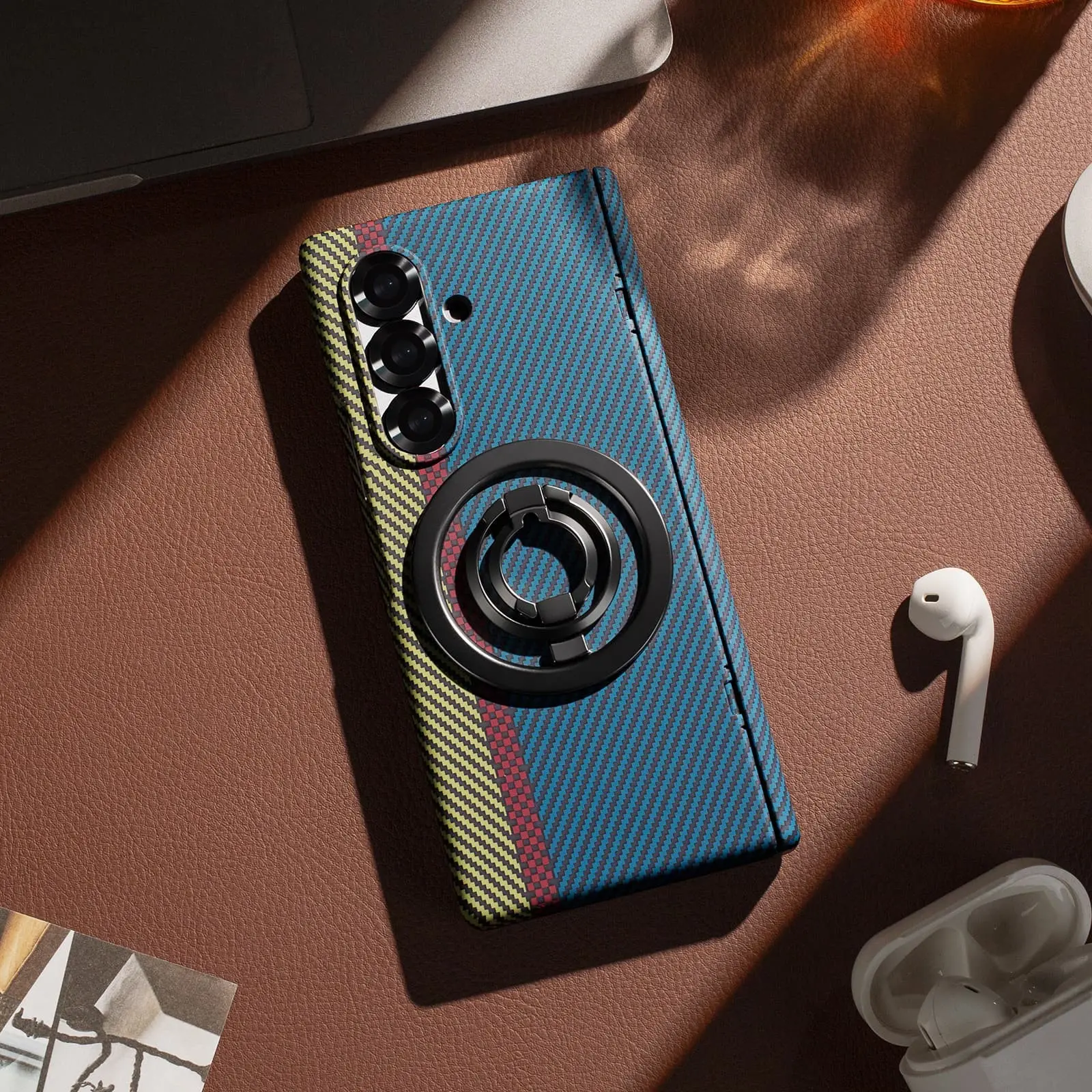 Colorful Striped Kevlar Carbon Fiber Texture Case for Samsung Galaxy Z Fold 8 Ultra, Detachable 360° Rotating Ring Stand, Magnetic Circle, Full Protection