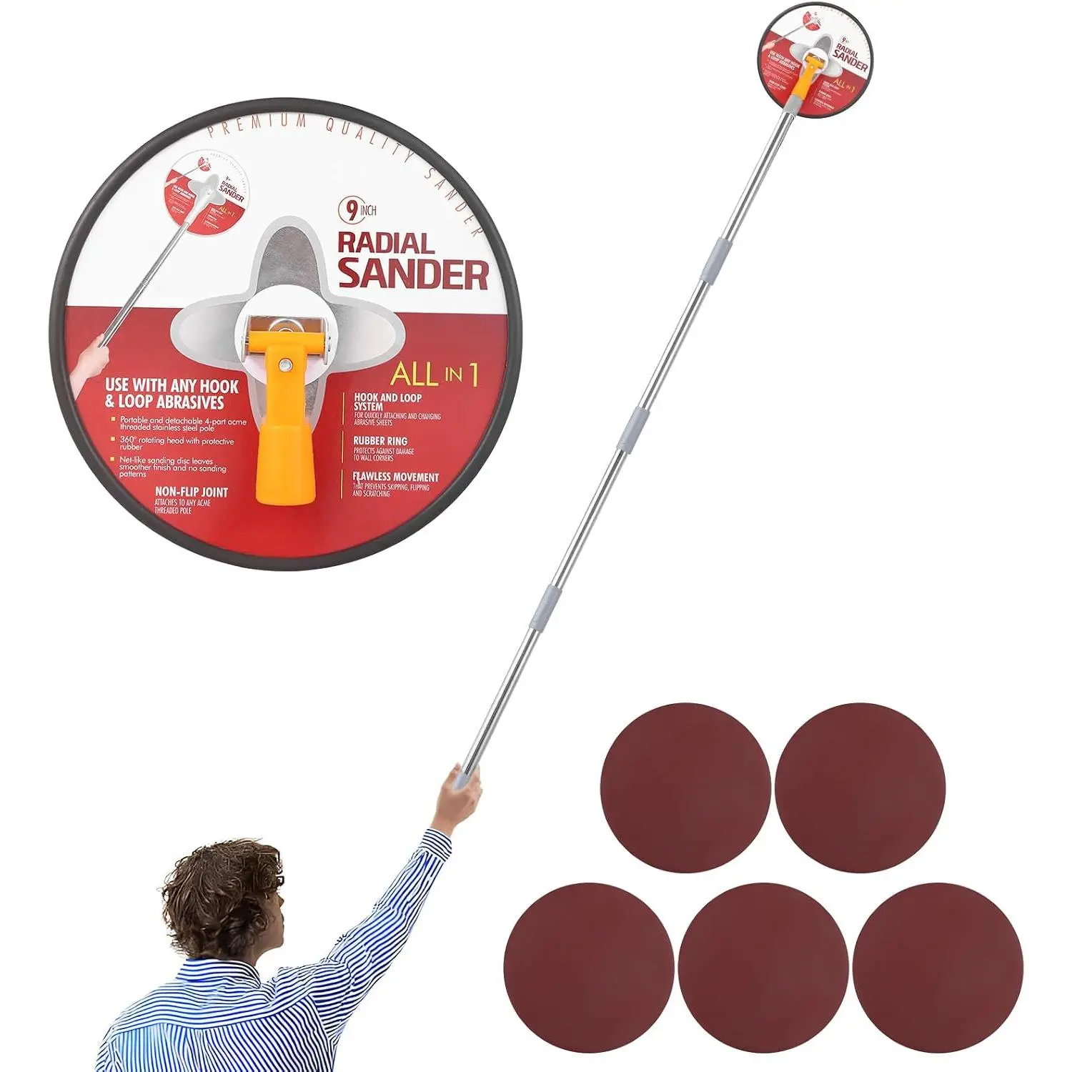 Pole Sander for Drywall, 86"Manual Hand Drywall Sander with Extension Pole | Wall Sander For Painting Prep ,Perfect for Painting,Complete with 5pcs Sanding Sheets (80, 100, 120, 180, 240 Grit)