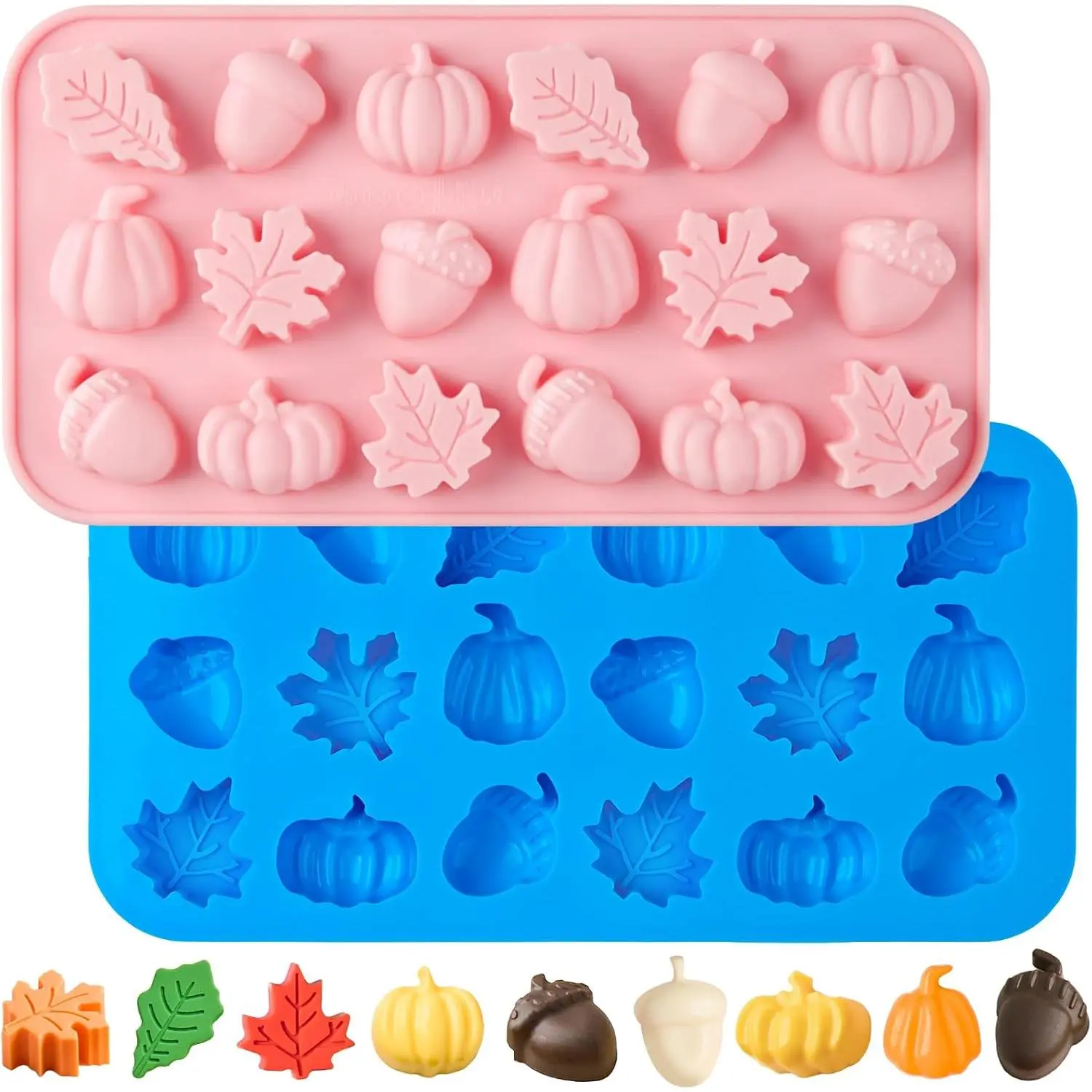Mini Fall   Molds, 2 count, 36-Cavity | Thanksgiving  Candy Molds, Pumpkin Acorn Maple Shaped, Non Stick, Autumn Mold for Pudding, Jello, Cake Decoration