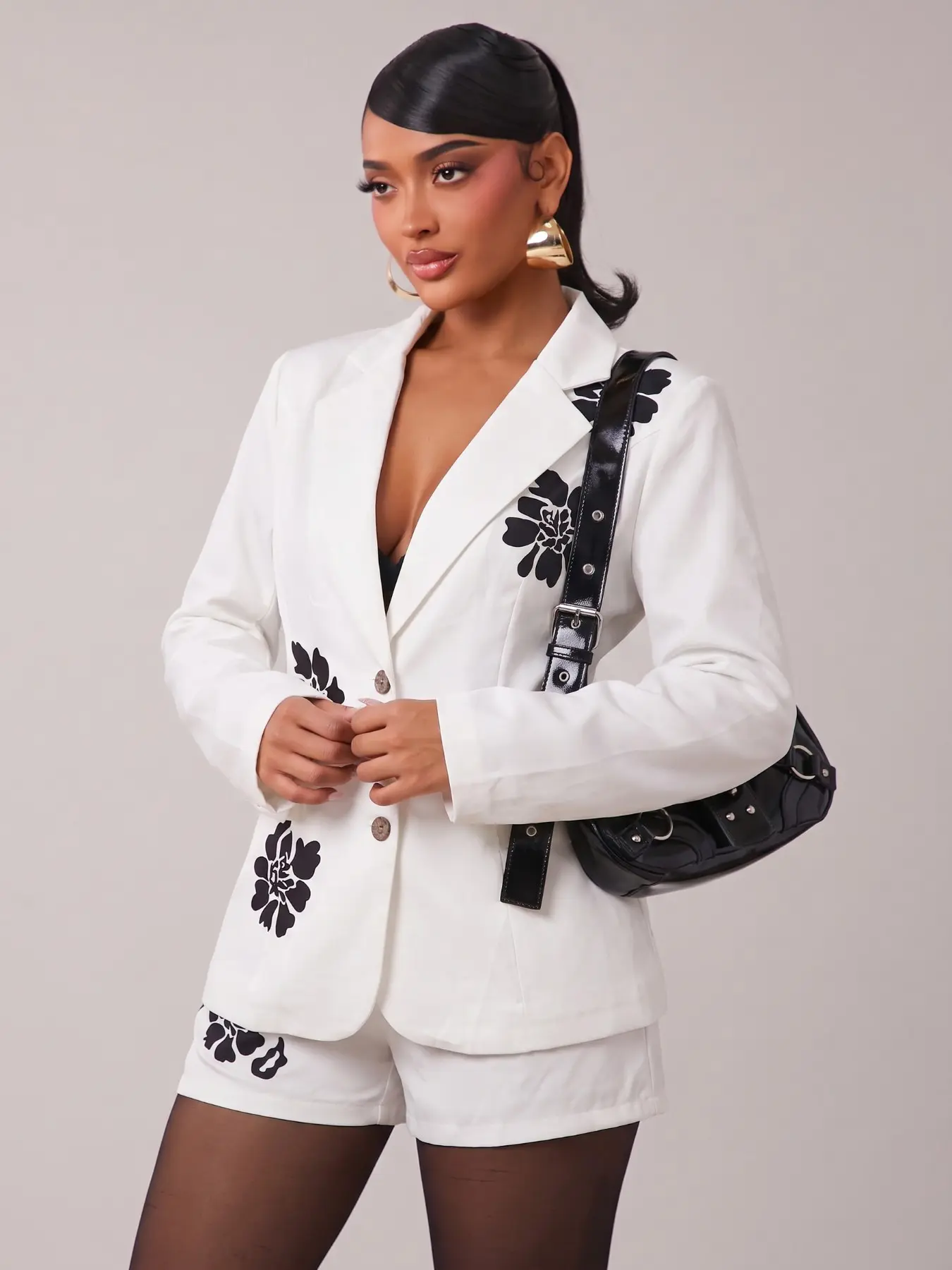 Women's Two-Piece Set, Casual Office Style Floral Print Blazer & Elastic Waist Straight Leg Shorts, Perfect for Daily Wear