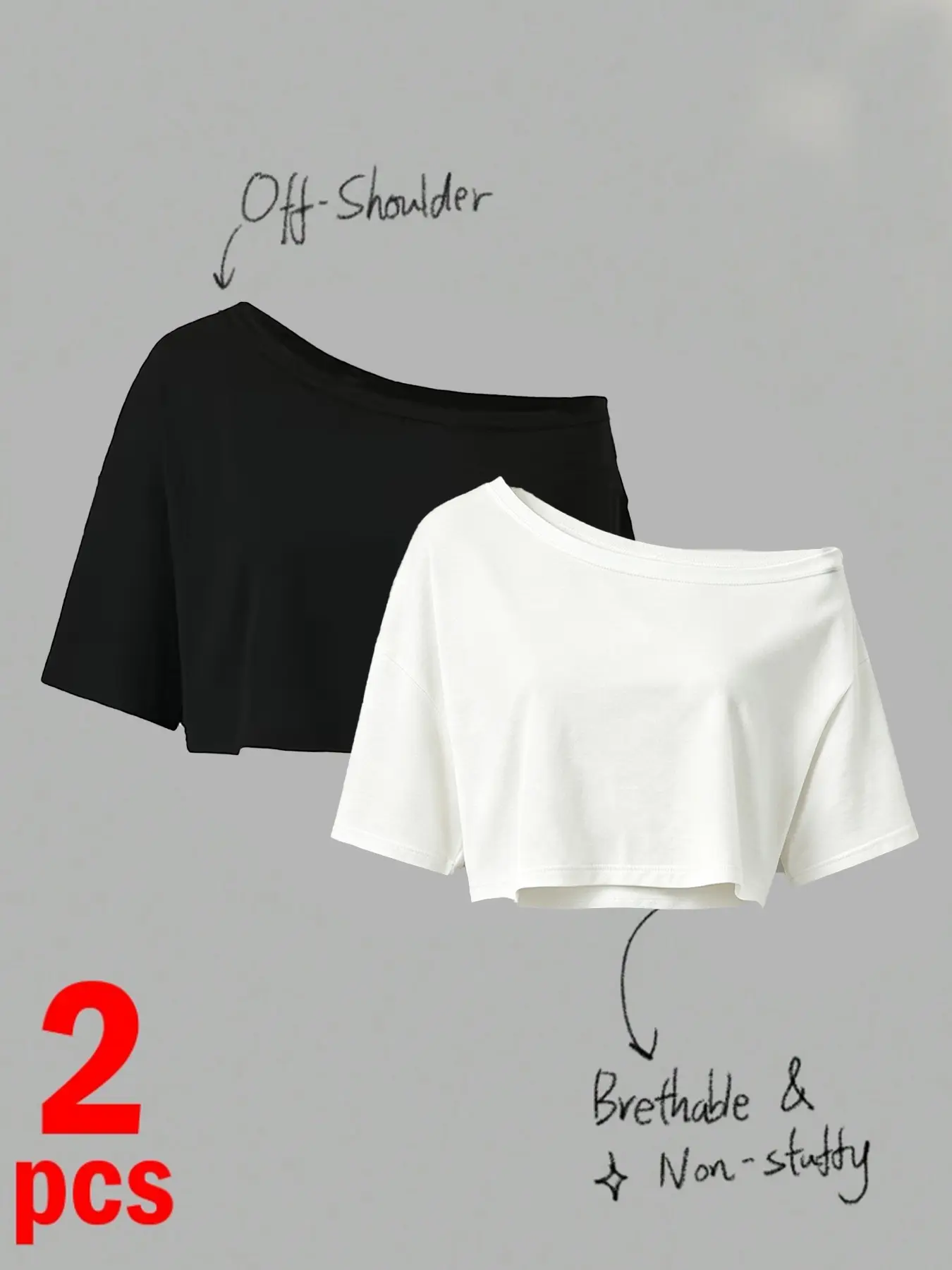 Women's off Shoulder Cropped T-Shirt, Minimal Blogger Favorite, Solid Plain Design, Relaxed Fit, Casual Streetwear, Multipack Top