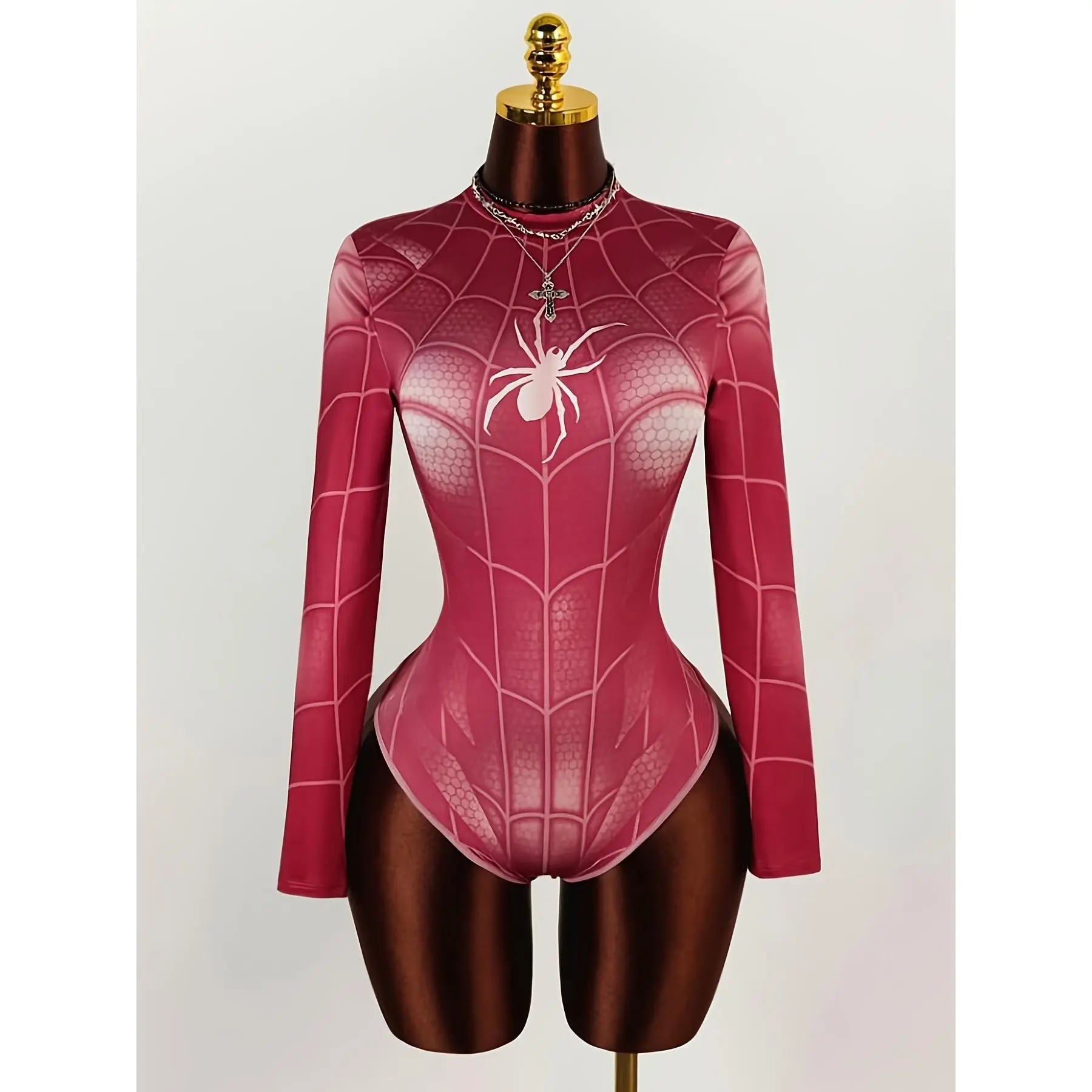 Women'S Long Sleeve High Neck Spider Print Jumpsuit, Dark Fashion Style Women'S Jumpsuit Halloween Jumpsuit Spider Web Jumpsuit