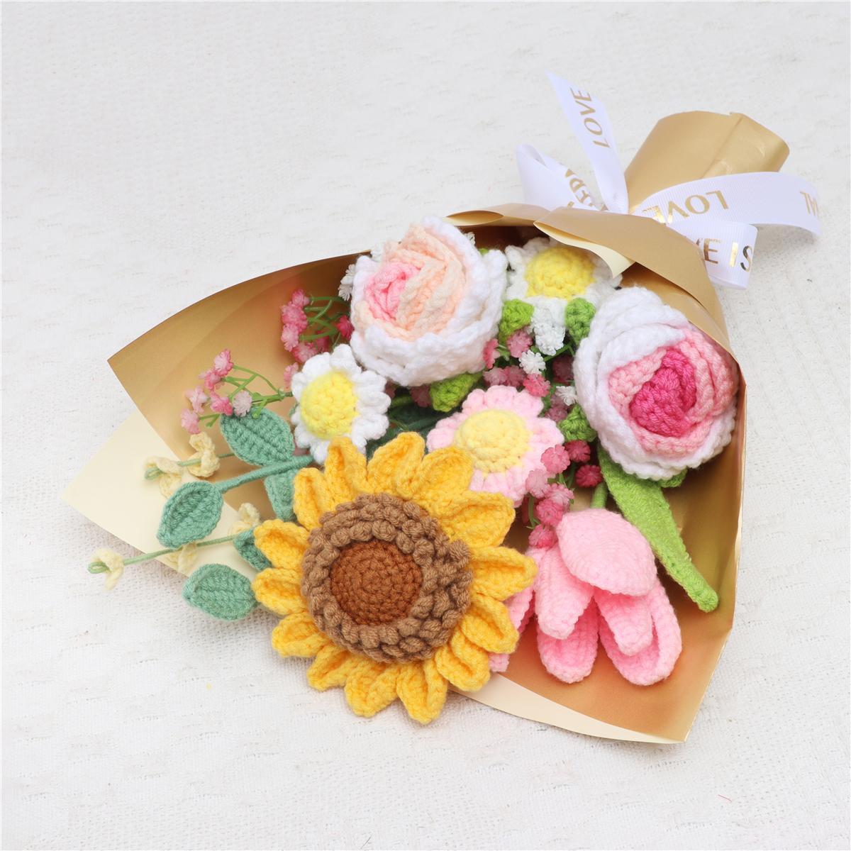 Crochet Sunflower Bouquet, Woven Crochet Bouquet, Handmade Knitting Flower Bouquet, Artificial Flower Bouquet, Home Decor, Gift for Mom, Teacher, Wedding Anniversary Party, Knitted Roses, Fake Bouquets