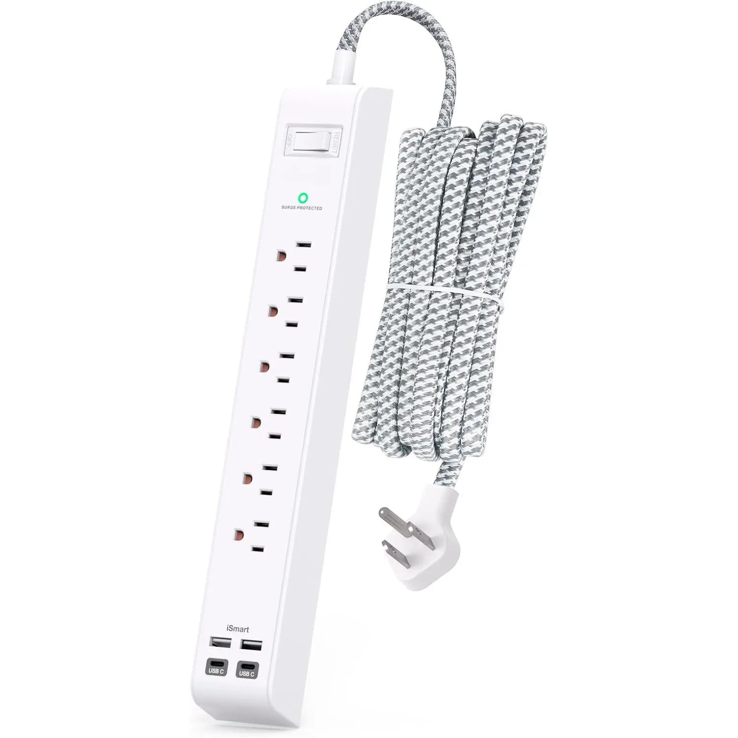 Fireproof Plastic Shell Surge Protector Power Strip, 10FT Flat Plug Long Extension Cord with 6 AC Outlets & 4 USB (2 USB-C), Overload Guard Protection for Office, Dorm, Wall Mountable Desk Station Essential, 1080J