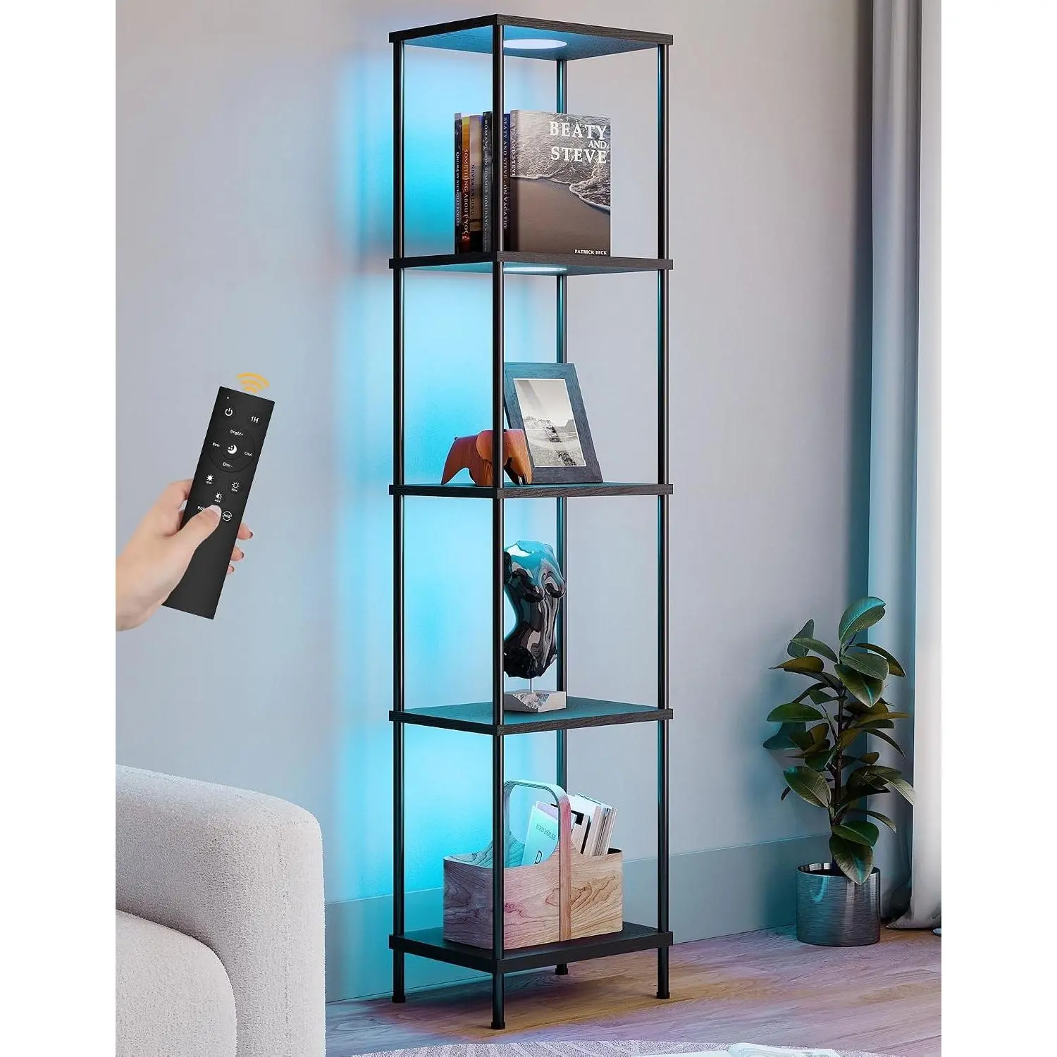 Display Shelf with RGBW Light, Color Changing Curio Cabinet Floor Lamp with Shelves Corner Standing Column Lamp Etagere Organizer Tower Nightstand Bookcase for Living Room Bedroom Office Décor Black