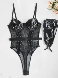 Women's Sexy PVC Underwire Mesh Sleeveless Shaper Bodysuit Set, Fashion Comfy Breathable Sexy Lingerie Set for Daily Wear, Women Sexy Lingeries & Costumes for All Seasons boyfriend gifts babydoll dormir elegante
