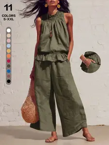 Womens Linen Two Piece Set Sleeveless Smocked Tank Top and Wide Leg Pants Casual Summer Lounge Matching Outfit with Pockets Vacation Beach Wear Clothes