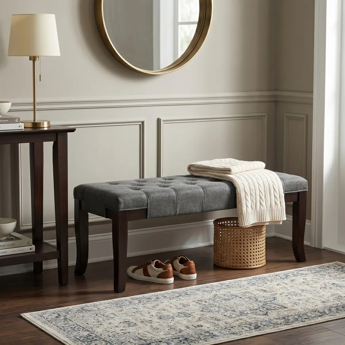 Linon Classic Tufted Bench - Polyester Fabric, Gray, Contrasting Details, Graceful Design, 44"w x 16"d x 18.25"h, On-Site Availability