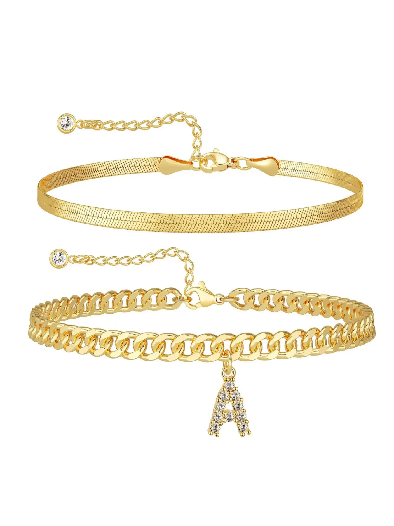 Two Layer Anklet Set, 14k Gold Plated Snake Bone Chain, Crystal Letter A, Trendy Beach Foot Jewelry, Gift for Girls, Snake Chain Anklets