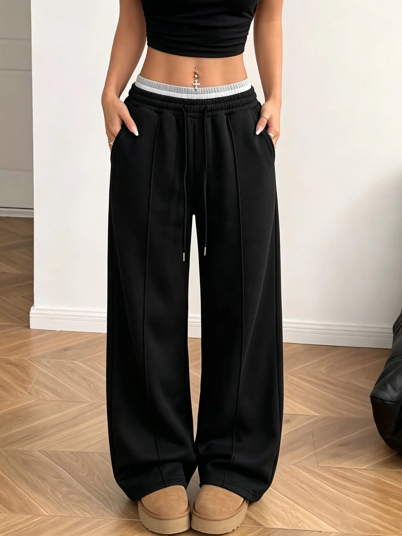 Women Color Block Double Layer Waistband Wide Leg Sweatpants, Elastic Drawstring High Waist Loose Straight Trousers with Side Pockets, Soft Casual Vertical Seam Streetwear Jogger Pants, Trendy Y2K Style Sweat Pants Suitable for Casual Matching Outfits