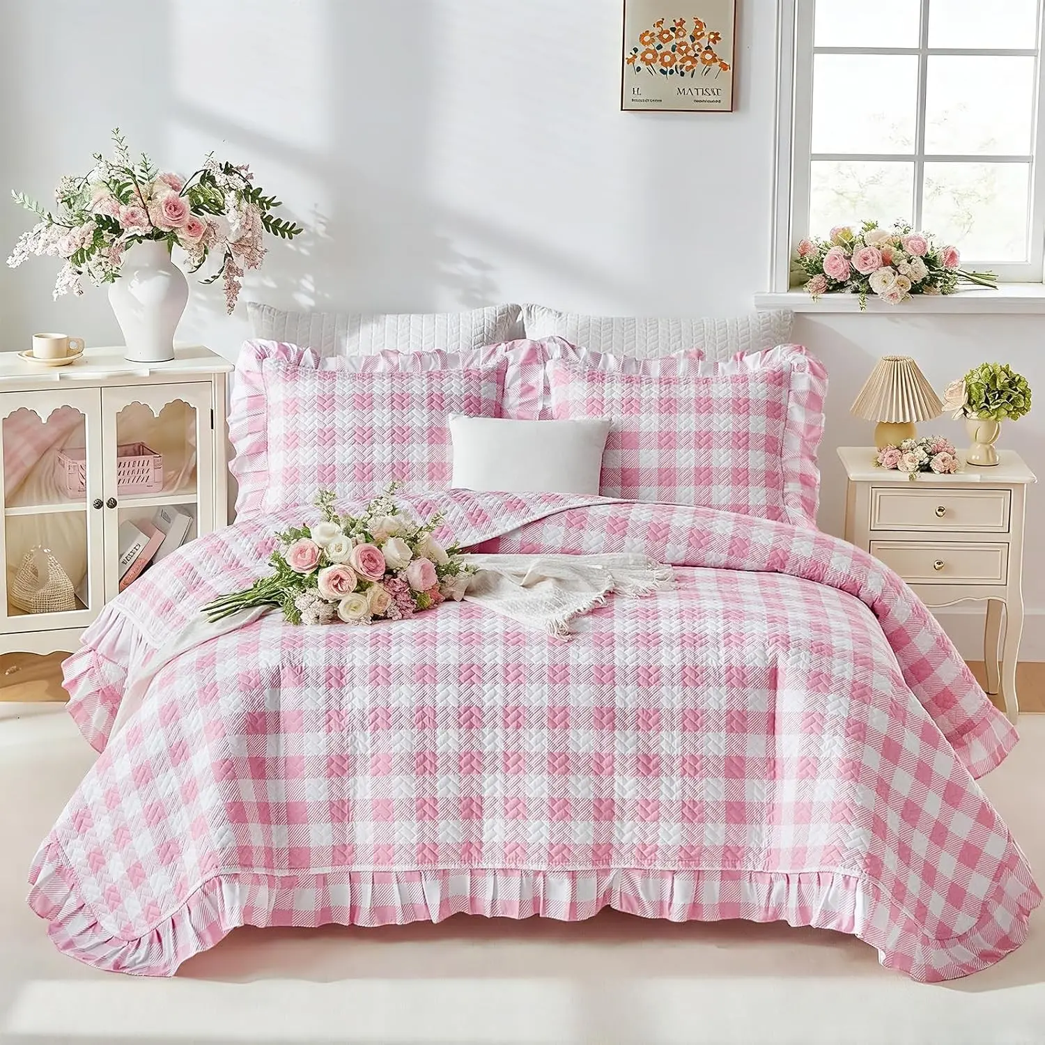 Girls' 2-Piece Ruffled Edge Gingham Plaid Quilt Set, Twin Size 68x88in Soft Cozy Microfiber Farmhouse Bedspread Coverlet for All Seasons, Two Piece Set
