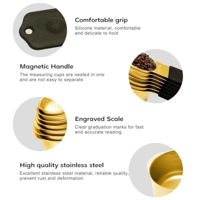 Magnetic Measuring Cups and Spoons Set Including 7 Stainless Steel Nesting Golden Measuring Cups and 8 Magnetic Golden Measuring Spoons with 1 Leveler for Cooking and Baking