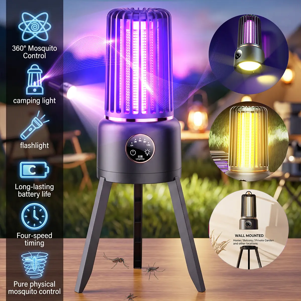 Rechargeable Bug Zapper, 3-in-1 LED Mosquito Killer Lamp with Camping Lantern & Flashlight, USB-C Electric Insect Trap for Outdoor Use