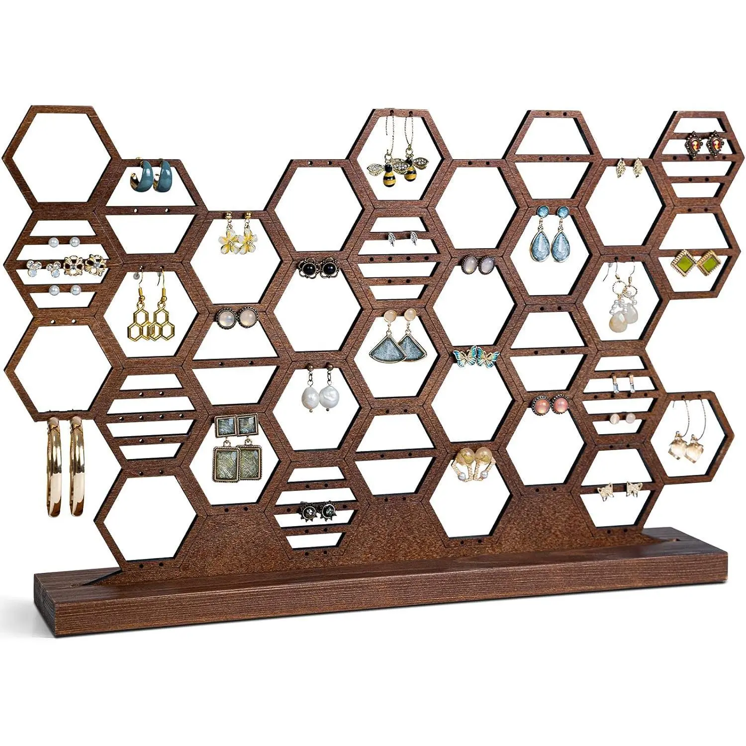 Earring Holder Organizer Honeycomb Earring Stand Wood Earring Display Beehive Jewelry Organizer Stand for Stud Earrings (Walnut Wood Color)